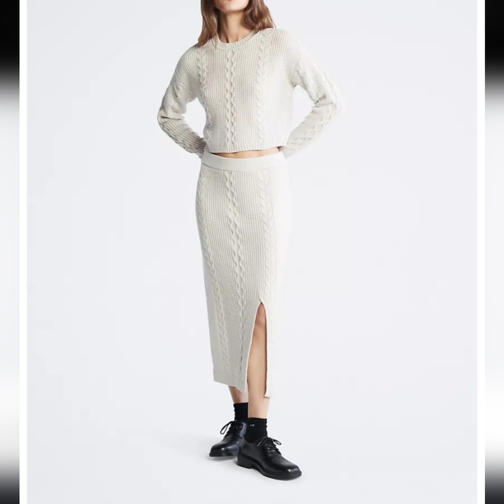 Calvin Klein Cropped Sweater and Skirt Set, Cream, Size M